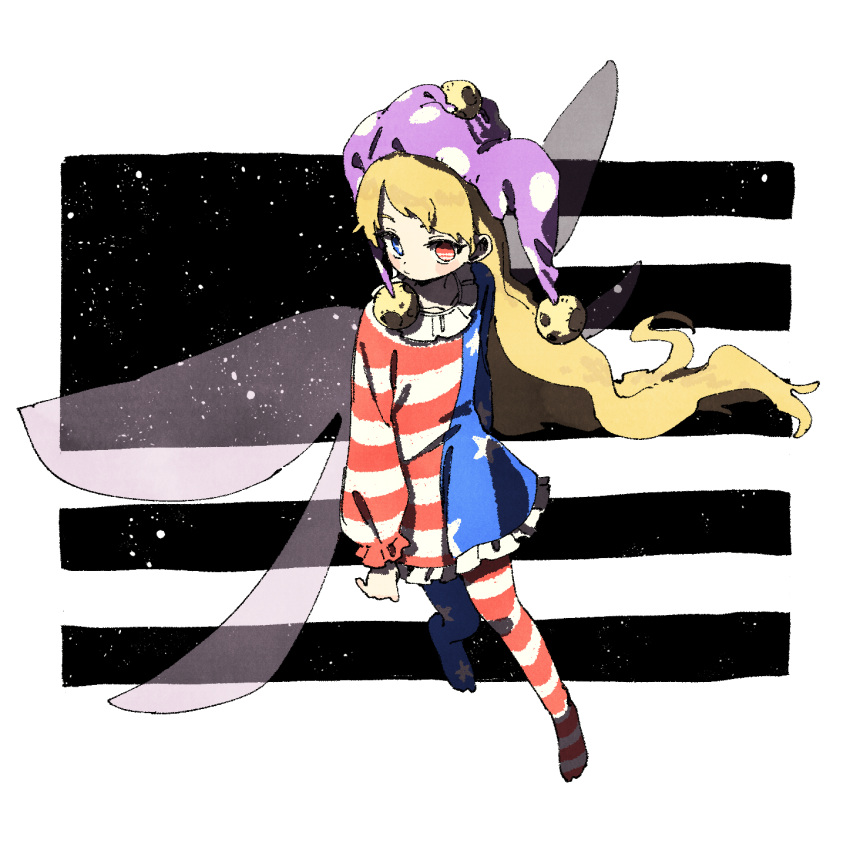 1girl american_flag_dress american_flag_legwear blonde_hair blue_eyes clownpiece dress fairy fairy_wings full_body hat heterochromia highres jester_cap long_hair long_sleeves nama_udon pantyhose red_eyes solo star_(symbol) star_print striped striped_dress striped_pantyhose touhou wings