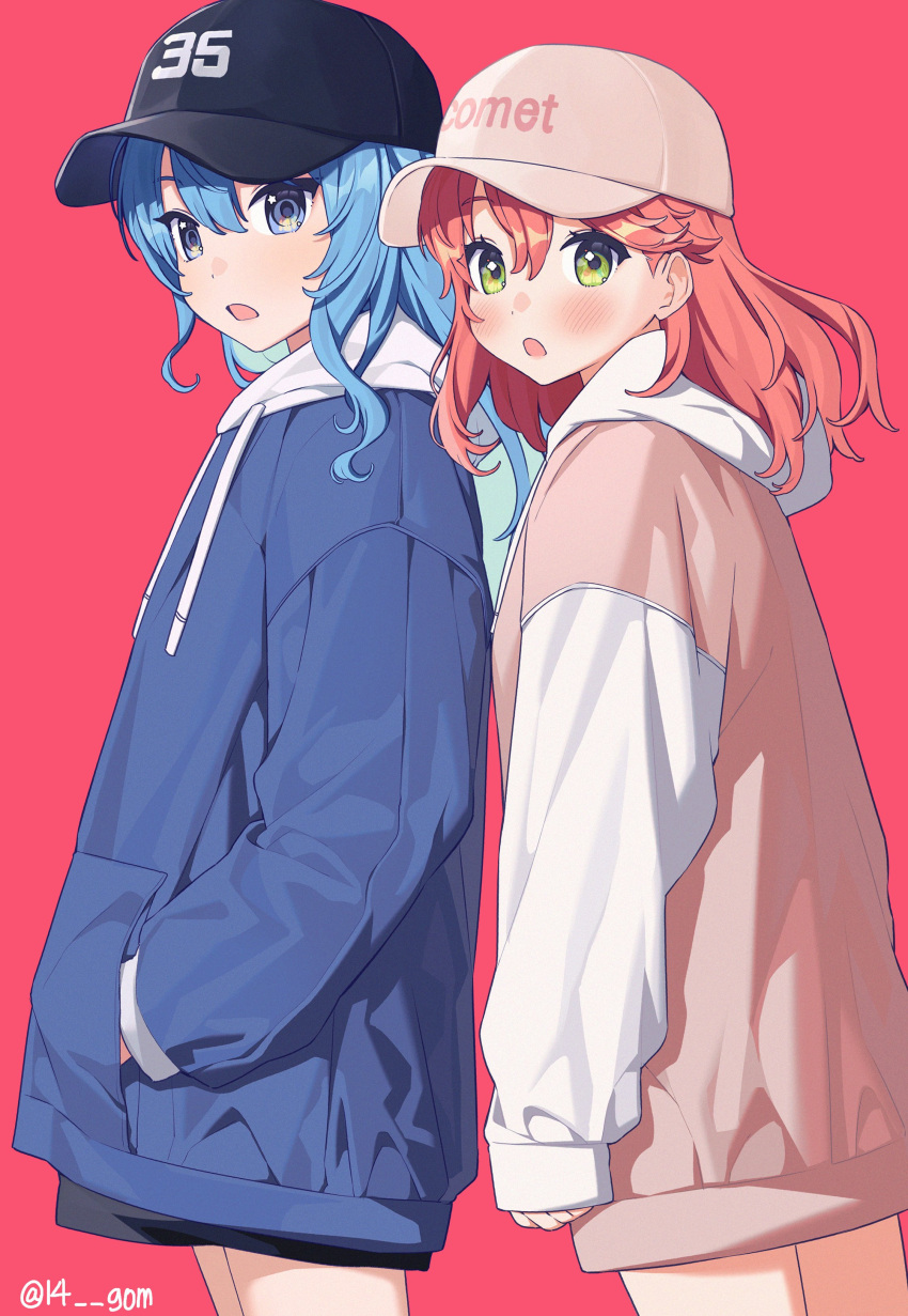 14_(vision5032) 2girls absurdres blue_eyes blue_hair green_eyes hair_between_eyes hat highres hololive hood hoodie hoshimachi_suisei jacket long_hair looking_at_viewer multiple_girls open_clothes open_hoodie oversized_clothes pink_hair pink_headwear pink_hoodie sakura_miko simple_background virtual_youtuber