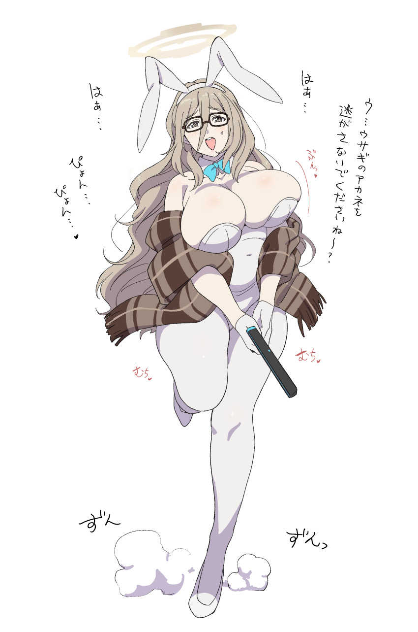 ... 1girl absurdres akane_(blue_archive) akane_(bunny)_(blue_archive) animal_ears bare_shoulders black-framed_eyewear blue_archive blush collarbone commentary_request covered_navel detached_collar fake_animal_ears full_body glasses gloves grey_hairband hairband halo head_tilt heart highres holding holding_weapon karaage53ko leotard light_brown_hair long_hair looking_at_viewer open_mouth pantyhose playboy_bunny rabbit_ears simple_background solo standing standing_on_one_leg strapless strapless_leotard sweat tareme teeth thick_thighs thighs translation_request upper_teeth_only weapon white_background white_leotard white_pantyhose