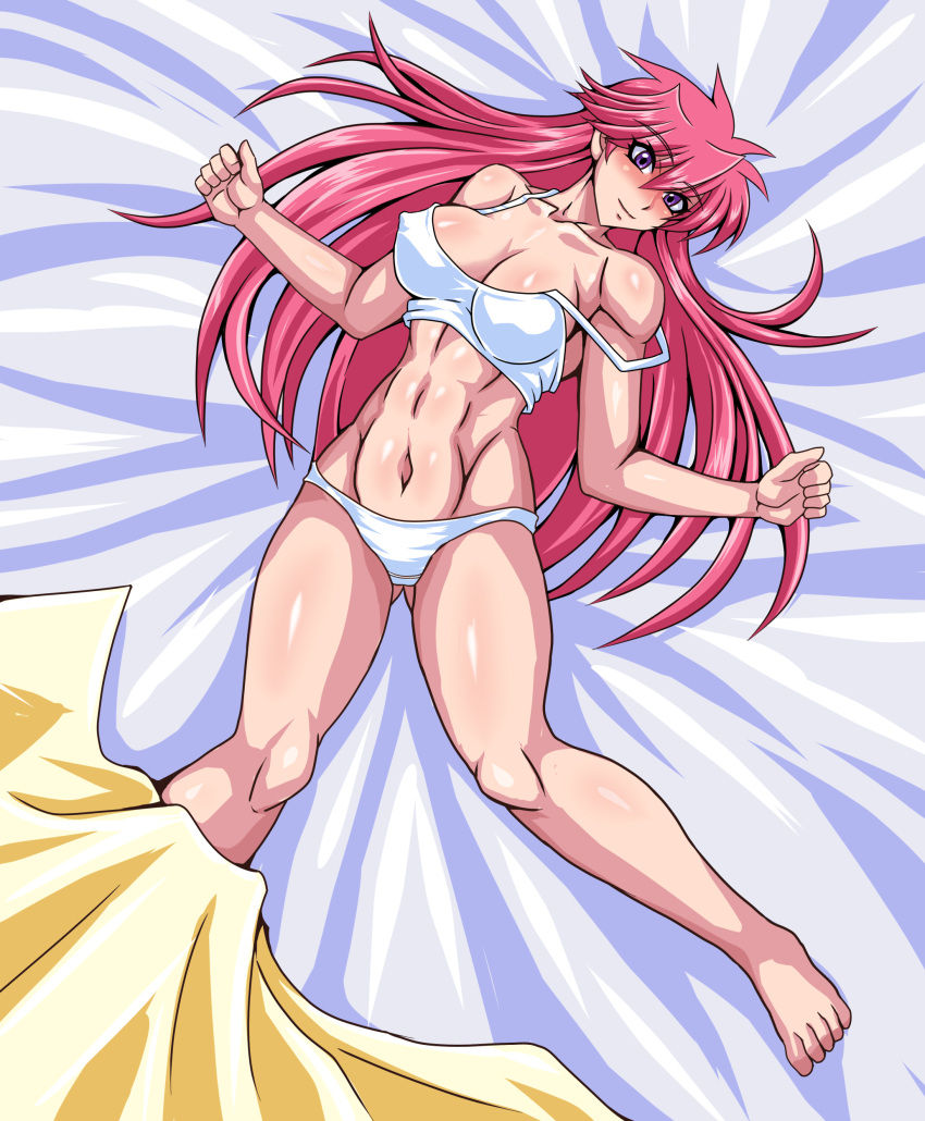 1girl abs absurdres bare_shoulders bed_sheet blanket blush bra breasts clenched_hands collarbone covered_nipples highres large_breasts long_hair looking_at_viewer mighty_yukiko muscular muscular_female navel on_bed panties pink_hair purple_eyes retro_artstyle shiny_skin smile solo spiked_hair spread_legs taroimo_(00120014) underwear white_bra white_panties wrestle_angels wrinkled_fabric yellow_blanket