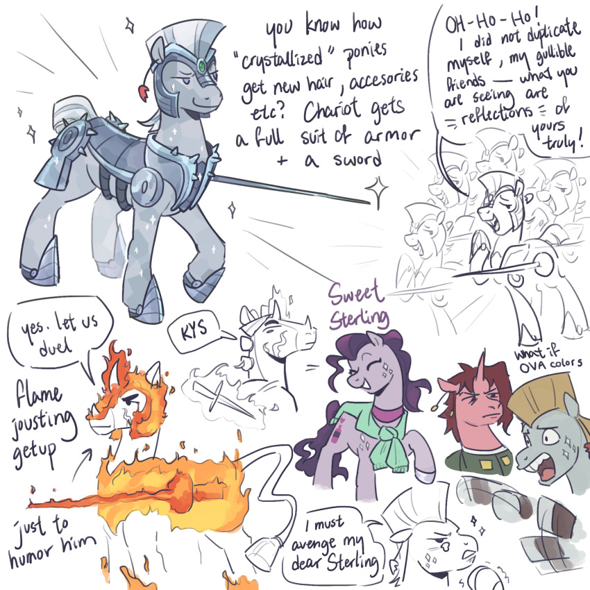 alternate_species alternate_universe armor bodily_fluids crystal_pony_(mlp) dagger duo earth_pony equid equine female feral feralized fire friendship_is_magic furrification hasbro hi_res horn horse jean_pierre_polnareff jojo's_bizarre_adventure magic male mammal melee_weapon mohammed_avdol my_little_pony noriaki_kakyoin ponification pony regularcitrus sherry_polnareff smile solo tail tail_tuft tears tuft unicorn weapon