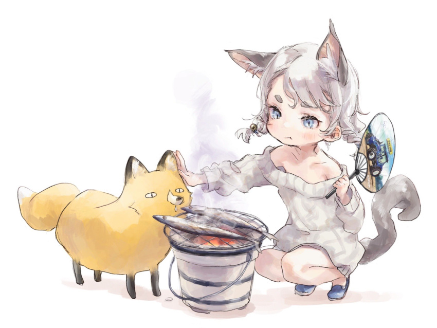 1girl :t animal animal_ears bare_shoulders blue_eyes blush cat_ears cat_tail cooking fish_(food) fox grey_hair grill grilling hand_fan highres holding holding_fan nenena off-shoulder_sweater off_shoulder original pout pushing_away short_twintails simple_background squatting sweater tail twintails white_background