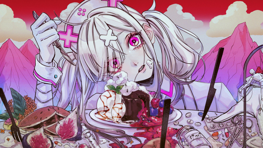 1girl ahoge bandaged_arm bandages berry blister_pack clenched_teeth cloud collared_shirt commentary_request derivative_work eyes_visible_through_hair food food_on_face food_request genoge_(nakiso) gloves hair_in_own_mouth hair_ornament hair_over_one_eye hat head_tilt highres holding_scalpel icing jewelry knife looking_at_viewer marionette mountain nijisanji nurse nurse_cap pancake pancake_stack parted_lips pill pill_bottle pink_eyes planted planted_fork planted_knife puppet red_sky ring schelm second-party_source shirt sky solo song_name sukoya_kana sukoya_kana_(1st_costume) table teeth twintails upper_body virtual_youtuber white_gloves white_hair white_shirt wide-eyed wrist_cuffs x_hair_ornament