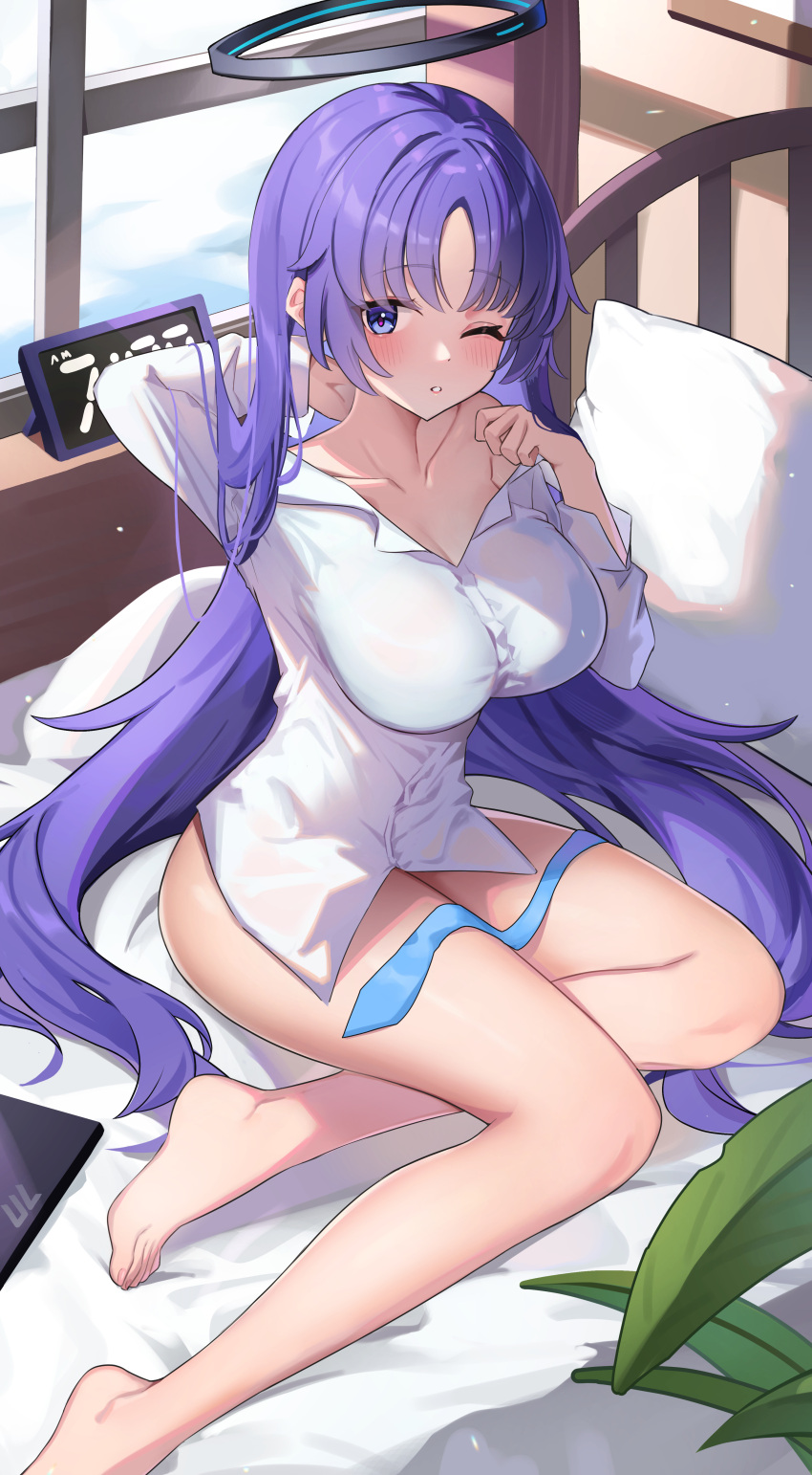 1girl absurdres barefoot bed bed_sheet blue_archive blush breasts clock collarbone digital_clock halo highres homura_(homur4_homu) indoors large_breasts long_hair long_sleeves looking_at_viewer mechanical_halo one_eye_closed pajamas parted_lips pillow purple_eyes purple_hair seven-segment_display solo toes white_pajamas window yuuka_(blue_archive)