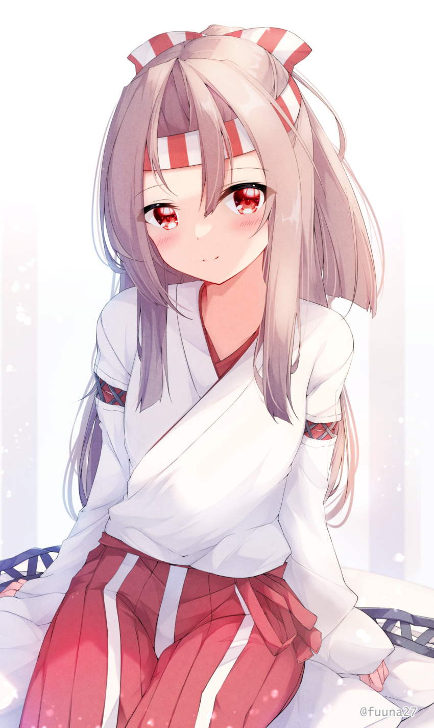 1girl absurdres blush brown_hair closed_mouth commentary fuuna hachimaki hakama hakama_shorts headband high_ponytail highres japanese_clothes kantai_collection kimono long_hair long_sleeves looking_at_viewer red_eyes red_headwear shorts sidelocks simple_background sitting solo striped striped_headwear white_background white_headwear white_kimono wide_sleeves zuihou_(kancolle)