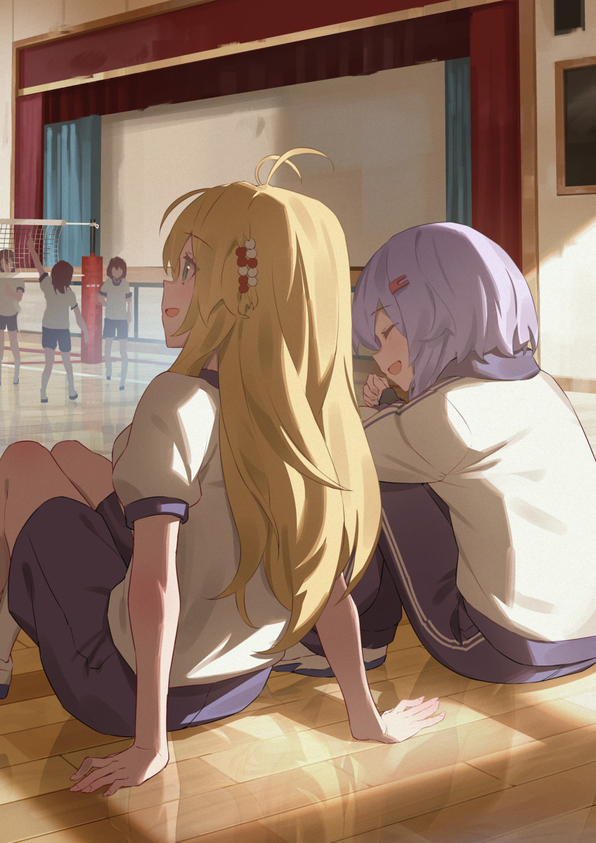 5girls antenna_hair black_pants black_shorts blonde_hair closed_eyes floor green_eyes gym_shirt gym_shorts gym_uniform hair_ornament hairclip highres indoors long_hair multiple_girls open_mouth pants puffy_short_sleeves puffy_sleeves purple_hair shirt short_hair short_sleeves shorts sitting smile socks tsurumaki_maki voiceroid white_shirt white_socks yamamomo_(plank) yuzuki_yukari