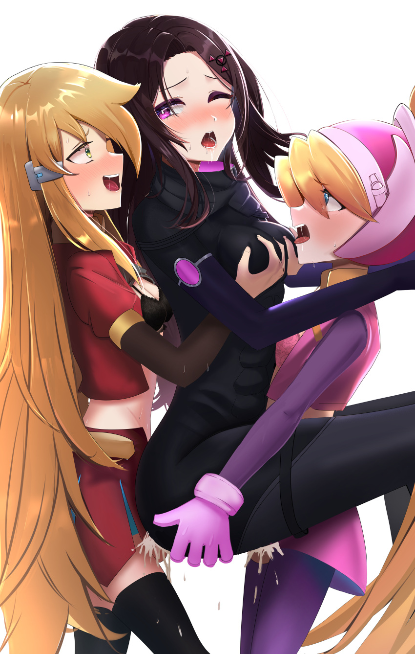 3girls abs absurdres ahegao anal blonde_hair blue_eyes bodystocking bra breasts brown_hair ciel_(mega_man) clothed_sex clothes_lift commission commissioner_upload cum cum_in_ass cum_in_pussy double_penetration dusk_(wayanfa) elf_(mega_man_zero) fauron714 futa_with_female futanari gloves green_eyes groping hair_ornament hands_on_another's_hips helmet highres lifted_by_another long_hair medium_breasts mega_man_(series) mega_man_zero_(series) multiple_girls non-web_source open_clothes open_mouth original pink_eyes ponytail shirt_lift skirt small_breasts thighhighs thighs torn_clothes undershirt underwear vaginal