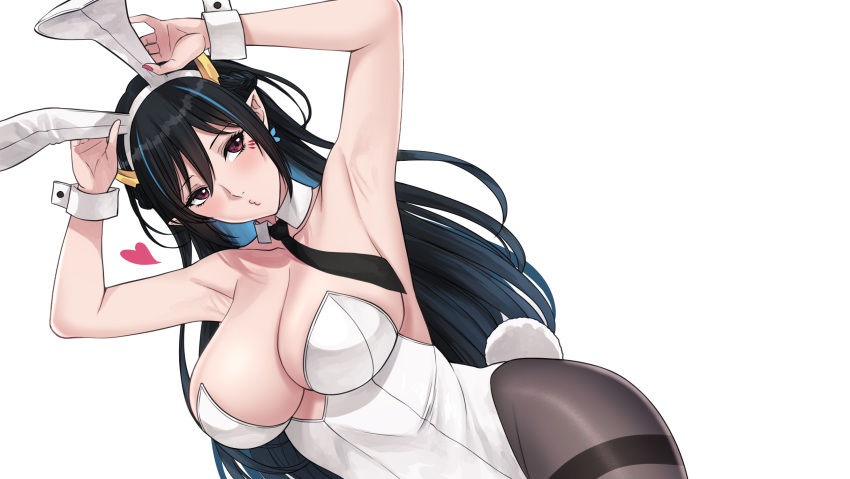 1girl animal_ears armpits arms_up bare_arms black_hair black_necktie black_pantyhose blue_hair blush breasts collarbone commentary_request detached_collar dutch_angle fake_animal_ears fake_tail heart highres indie_virtual_youtuber large_breasts leotard long_hair multicolored_hair nail_polish necktie o3o pantyhose pink_nails playboy_bunny pointy_ears puckered_lips rabbit_ears rabbit_tail red_eyes sidelocks simple_background solo streaked_hair tail thai_commentary umino_ciala virtual_youtuber white_background white_leotard wrist_cuffs xter