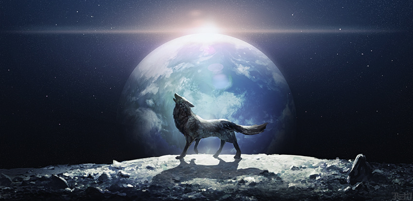 2019 amamidori artist_name black_background canid canine canis cloud continent detailed digital_media_(artwork) digital_painting_(artwork) earth eclipse european_mythology feral fur howl japanese_text lens_flare light lighting lunar_eclipse male mammal moon mythology norse_mythology on_moon planet quadruped rock scp-3609 scp_foundation sea shadow simple_background solo space star sun tail text water watermark wolf wolf_tail