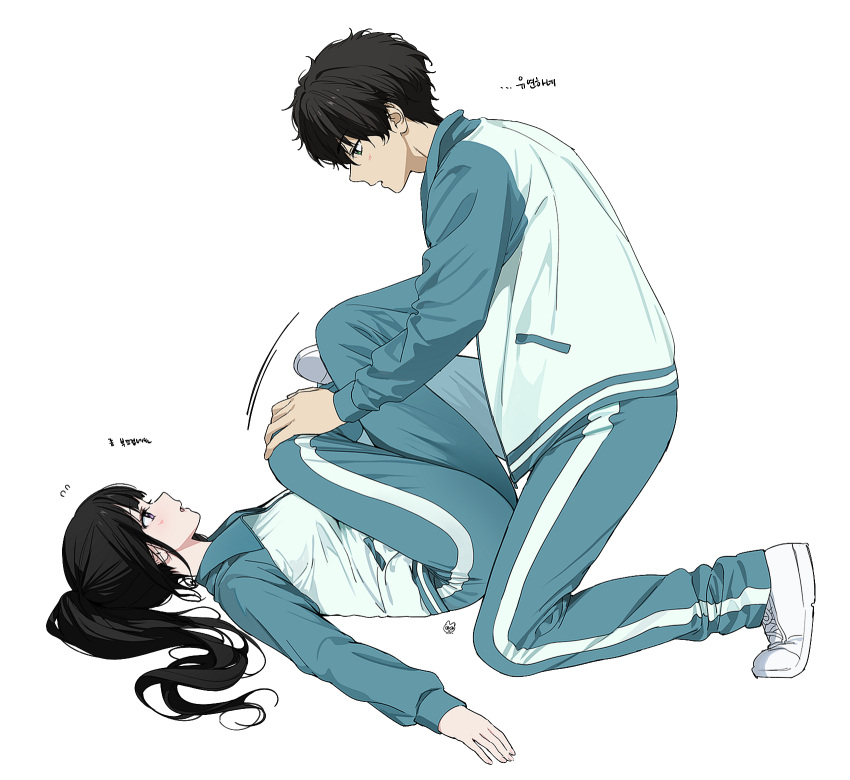 1boy 1girl :o alternate_costume aqua_jacket aqua_pants artist_logo black_hair breasts chitanda_eru eye_contact highres hyouka jacket korean_text large_breasts legs_up long_hair long_sleeves looking_at_another lying mery_(yangmalgage) on_back open_clothes open_jacket open_mouth oreki_houtarou pants ponytail profile purple_eyes short_hair simple_background sportswear translation_request white_background white_footwear white_jacket white_pants