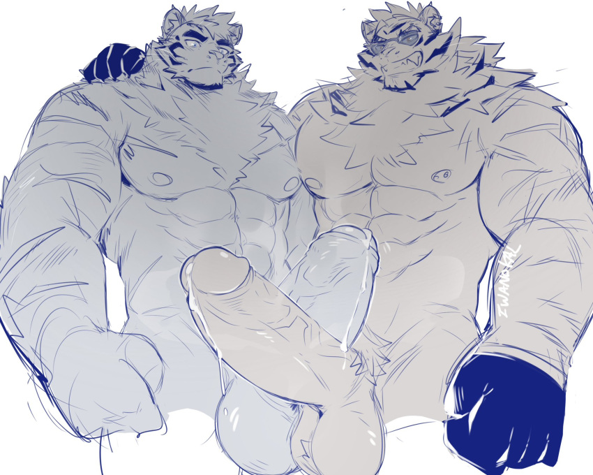2boys animal_ears arknights bara chest_tuft completely_nude crossover dislyte erection foreskin furry furry_male furry_with_furry grin hand_on_another's_shoulder highres huge_penis iwano_kal jin_qiu_(ru_shou)_(dislyte) large_hands large_testicles male_focus mountain_(arknights) multiple_boys multiple_monochrome neck_fur nude pectoral_docking pectoral_press penis penises_touching precum precum_drip scar scar_across_eye side-by-side smile sunglasses tail testicles tiger_boy tiger_ears tiger_tail trait_connection uncensored unfinished yaoi