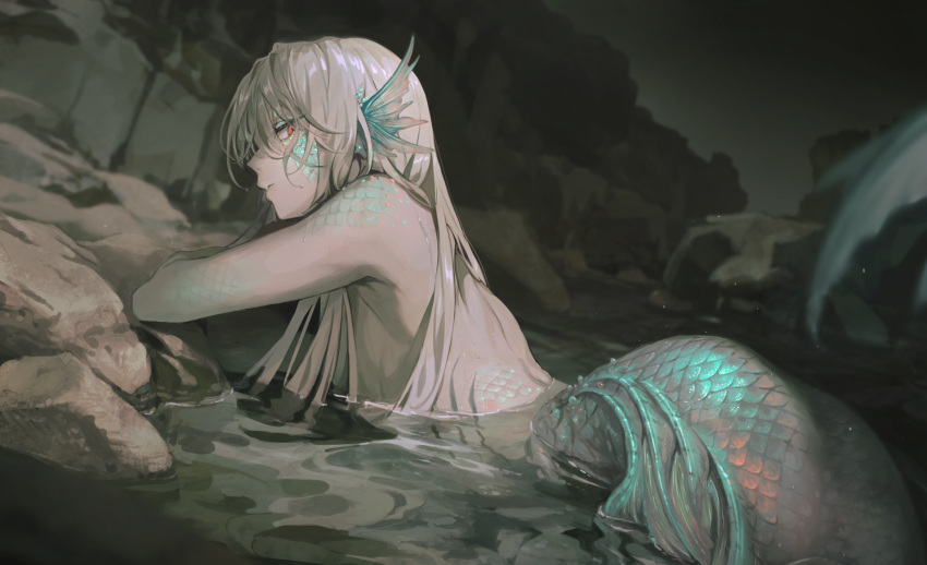 1girl animal_ears asahi_yuuji blurry commentary depth_of_field dutch_angle facial_mark fins from_behind from_side grey_hair head_fins highres looking_at_viewer lying mermaid monster_girl nature nude on_stomach original partially_submerged profile red_eyes scales shore sideways_glance solo symbol-only_commentary water