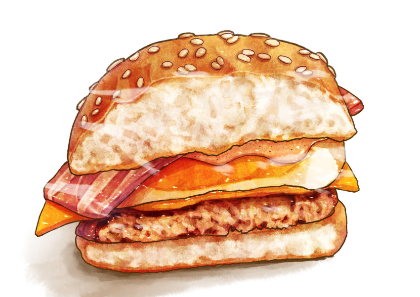 absurdres bacon bread_bun burger cheese egg_(food) food food_focus fried_egg highres kaneko_ryou no_humans original sesame_seeds simple_background still_life tsukimi_burger white_background