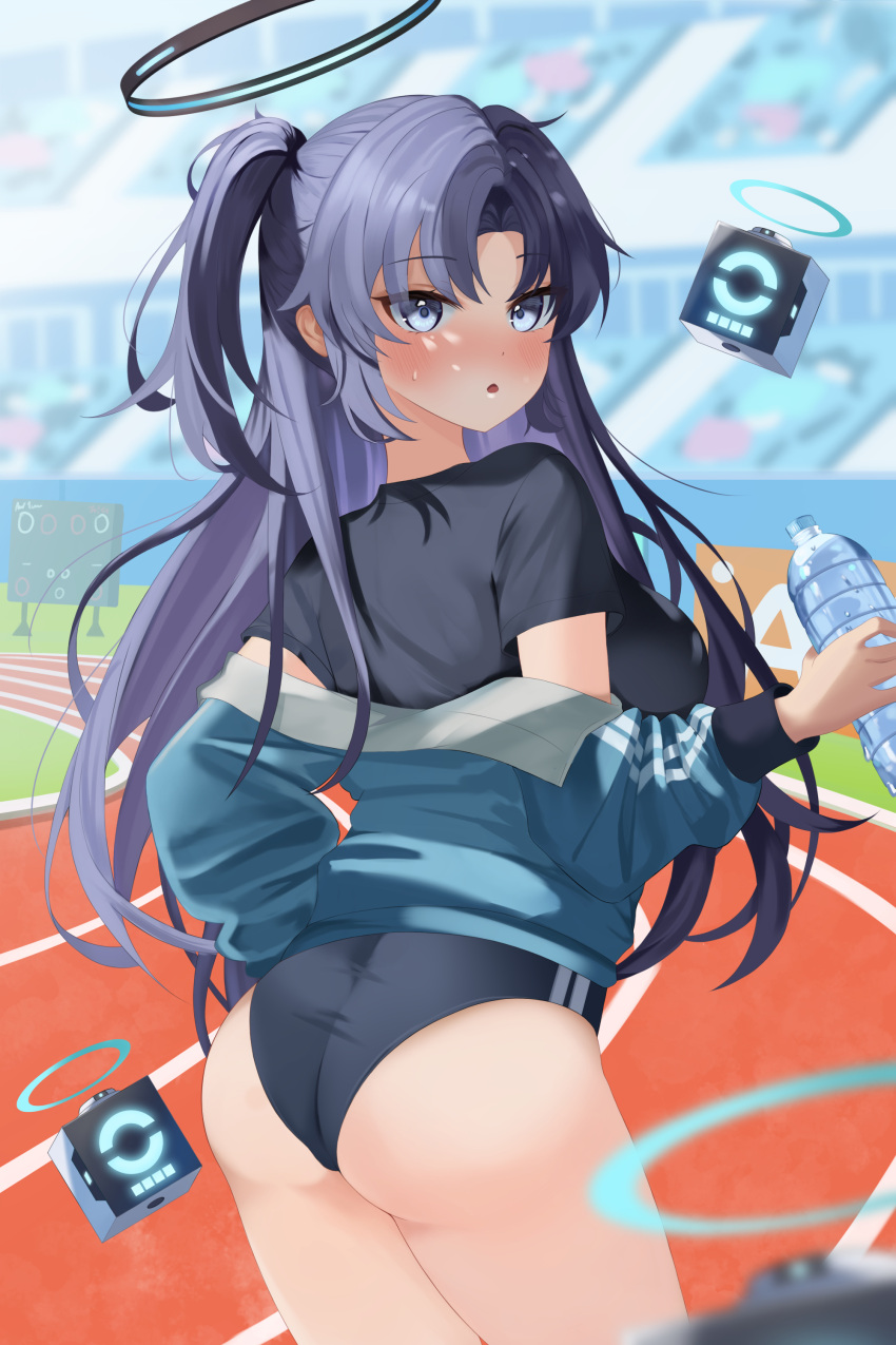 1girl :o absurdres ass black_buruma black_shirt blue_archive blue_eyes blue_hair blurry blush bottle breasts buruma commentary_request day depth_of_field double_vertical_stripe drone gym_shirt gym_uniform halo highres holding holding_bottle jacket looking_at_viewer mechanical_halo medium_breasts official_alternate_costume open_mouth outdoors parted_bangs shirt short_sleeves solo syuma t-shirt thighs track_and_field track_jacket two_side_up water_bottle yuuka_(blue_archive) yuuka_(track)_(blue_archive)
