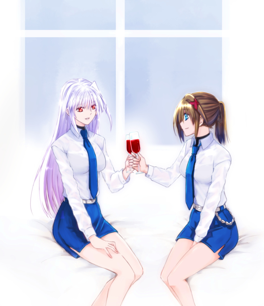 2girls alcohol belt blue_eyes blue_hair blue_neckwear blue_skirt brown_hair chain closed_mouth commentary cup dress_shirt drinking_glass hair_ornament hand_on_own_thigh highres holding holding_cup leoheart long_hair long_sleeves looking_at_another lyrical_nanoha mahou_shoujo_lyrical_nanoha mahou_shoujo_lyrical_nanoha_a's mahou_shoujo_lyrical_nanoha_strikers military military_uniform miniskirt multiple_girls necktie on_bed open_mouth pencil_skirt ponytail red_eyes reinforce shirt short_hair side_slit sitting skirt smile toast_(gesture) tsab_naval_military_uniform uniform white_belt white_shirt wine wine_glass x_hair_ornament yagami_hayate