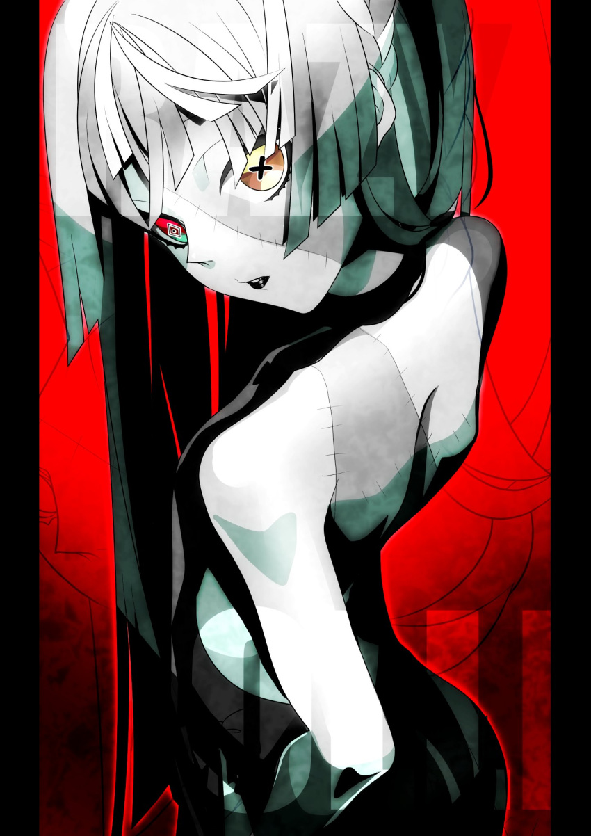 1girl backless_dress backless_outfit bangs black_dress dress gradient_eyes green_eyes hair_behind_ear heterochromia highres hololive hololive_indonesia itsuki_keiichi kureiji_ollie looking_at_viewer looking_back multicolored multicolored_eyes parted_lips red_eyes solo spot_color stitched_face virtual_youtuber yellow_eyes zombie