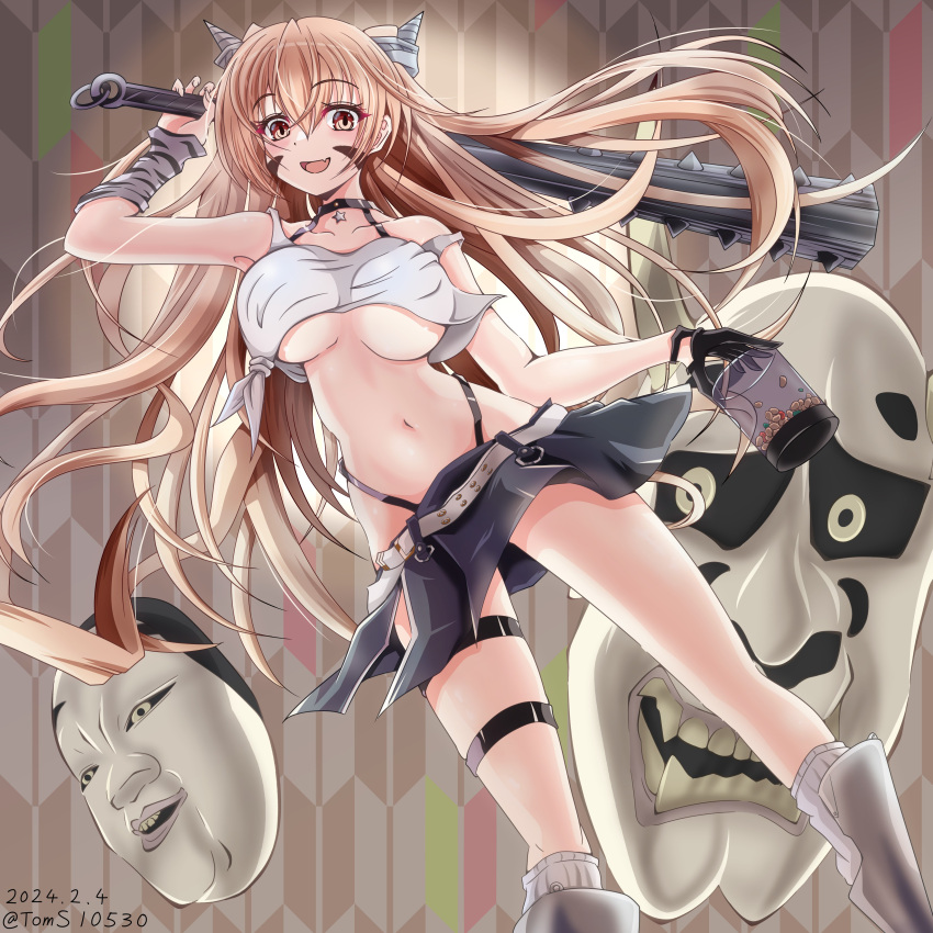 1girl absurdres belt black_gloves black_panties black_skirt breasts brown_eyes club_(weapon) fake_horns gloves hannya highleg highleg_panties highres holding_club horns johnston_(kancolle) kantai_collection large_breasts light_brown_hair miniskirt navel noh_mask official_alternate_costume panties setsubun shirt single_glove skirt solo spiked_club tank_top thigh_strap tied_shirt toms two_side_up underwear weapon white_belt white_tank_top