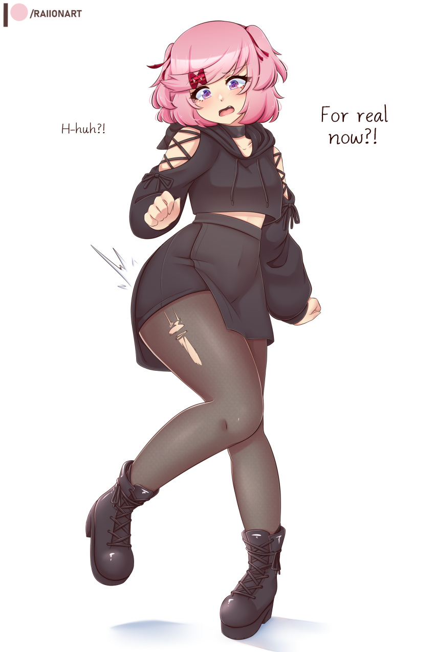 1girl absurdres black_choker black_footwear black_hoodie blue_eyes boots choker covered_navel doki_doki_literature_club fang gothic highres hood hoodie midriff_peek natsuki_(doki_doki_literature_club) navel pantyhose pink_hair raion_(raionart) short_hair solo thick_thighs thighs torn_clothes torn_pantyhose white_background