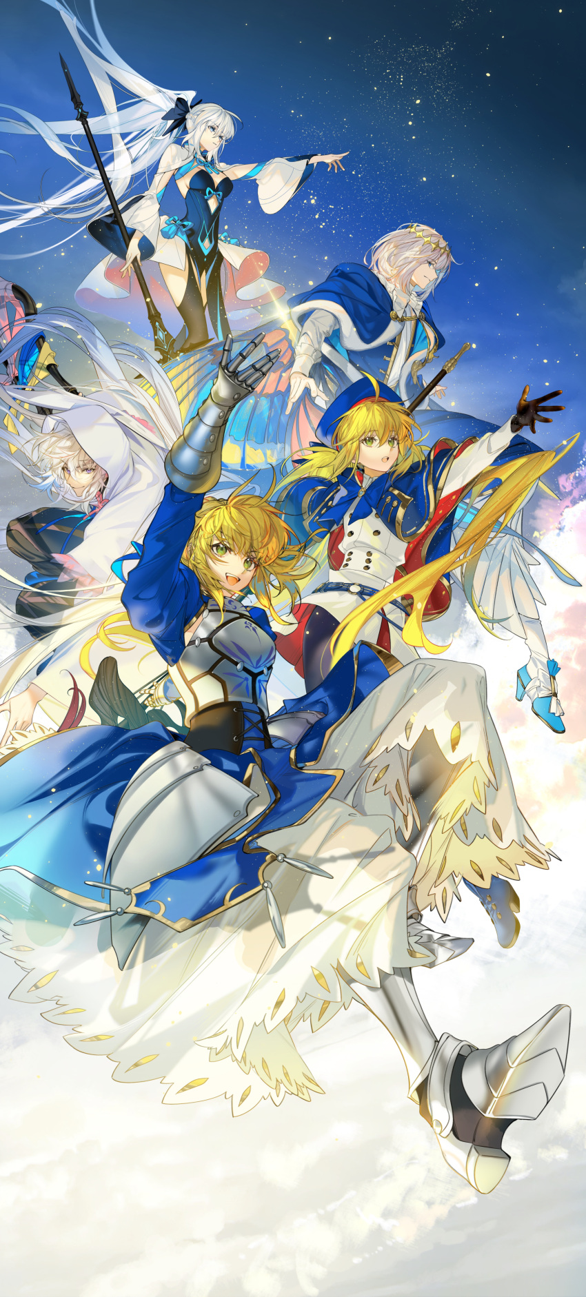 2boys 3girls absurdres ahoge arlizi armor armored_boots armored_dress artoria_caster_(fate) artoria_caster_(second_ascension)_(fate) artoria_pendragon_(fate) belt black_bow black_corset black_dress black_gloves black_pants black_pantyhose black_thighhighs blonde_hair blue_belt blue_bow blue_bowtie blue_brooch blue_cape blue_capelet blue_dress blue_eyes blue_footwear blue_headwear blue_tassel boots bow bowtie breastplate breasts brooch buttons cape capelet cleavage cloak closed_mouth cloud commentary corset crown dress expressionless fairy_wings fate/grand_order fate_(series) faulds fur-trimmed_cape fur_trim gauntlets gloves gold_tassel gold_trim green_eyes grey_hair hair_between_eyes hair_bow hat hat_bow high_heels highres holding holding_polearm holding_staff holding_weapon hood hood_up insect_wings jewelry juliet_sleeves jumping light_particles long_hair long_sleeves looking_ahead looking_at_another looking_down merlin_(fate) morgan_le_fay_(fate) multiple_boys multiple_girls oberon_(fate) open_mouth outstretched_arm pants pantyhose pink_bow polearm ponytail puffy_sleeves purple_eyes reaching saber_(fate) shirt short_hair skirt sky sleeve_cuffs smile staff star_(sky) tassel teeth thighhighs twintails two-sided_capelet two-sided_fabric two-sided_sleeves upper_teeth_only weapon white_cloak white_shirt white_skirt white_sleeves wide_sleeves wings