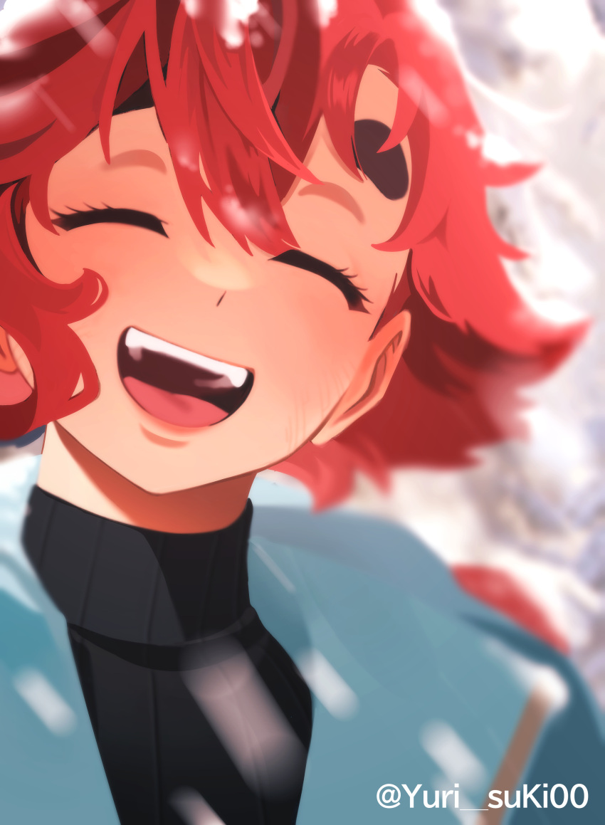 1girl absurdres black_sweater blue_jacket blurry blurry_background closed_eyes commentary_request gundam gundam_suisei_no_majo highres jacket korean_commentary open_mouth red_hair ribbed_sweater smile solo suletta_mercury sweater thick_eyebrows twitter_username upper_body yurisuki00
