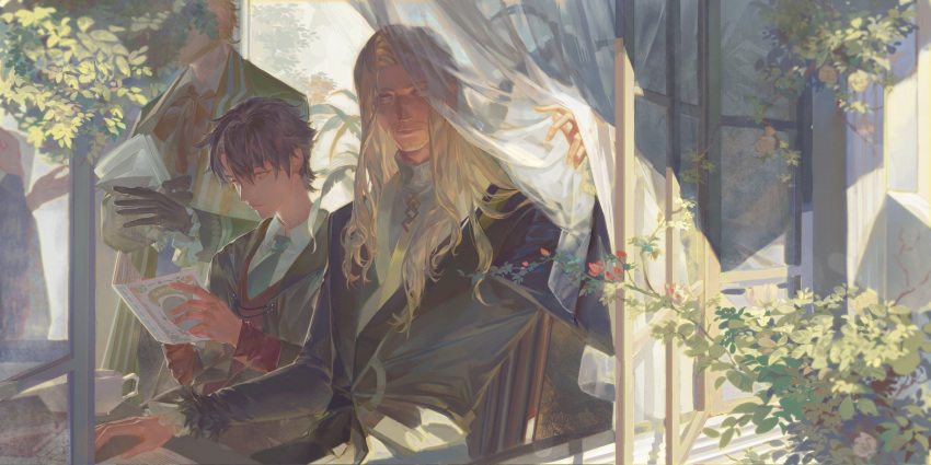 024_(1a41a4) 1other 3boys black_gloves black_hair blonde_hair blue_suit blurry book branch chair character_request closed_mouth cup curtains day depth_of_field fate/grand_order fate_(series) flower gloves hand_up highres holding holding_book indoors jacket leaf long_hair long_sleeves looking_at_viewer male_focus multiple_boys necktie open_book open_window plant reading red_flower shade short_hair sidelocks sitting suit table teacup upper_body window yellow_jacket