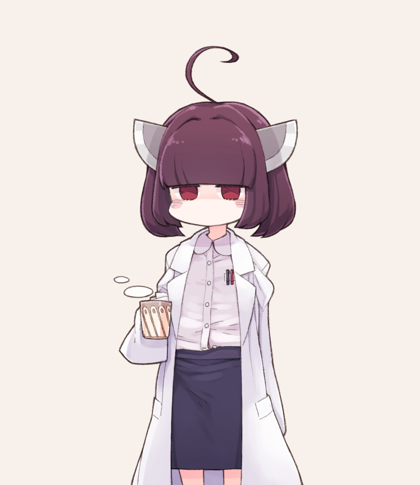 1girl ahoge alternate_costume black_skirt blunt_bangs blush breast_pocket brown_hair coat commentary_request cup dress_shirt feet_out_of_frame headgear highres holding holding_cup lab_coat looking_at_viewer mochi_(mochi444420) mug no_mouth open_clothes open_coat oversized_clothes pen_in_pocket pencil_skirt pocket red_eyes shirt shirt_tucked_in short_hair simple_background skirt solo standing steam teacher touhoku_kiritan voiceroid white_coat white_shirt