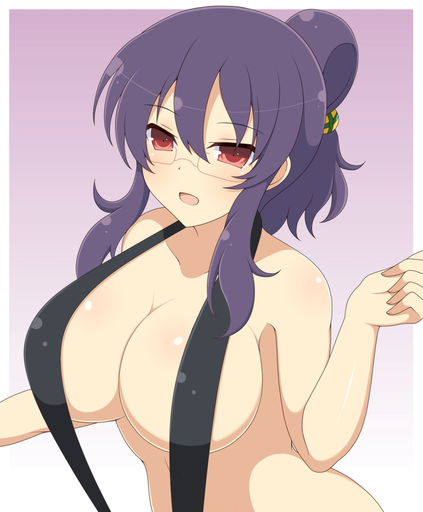 1girl bare_shoulders black_one-piece_swimsuit black_slingshot_swimsuit blush body_blush breasts cleavage collarbone folded_ponytail glasses gradient_background highres ichiryuu_tsumiki large_breasts linea_alba looking_at_viewer one-piece_swimsuit open_mouth purple_hair red-framed_eyewear red_eyes senran_kagura senran_kagura_shoujo-tachi_no_shin'ei sidelocks slingshot_swimsuit smile solo strap_gap suzune_(senran_kagura) swimsuit teacher