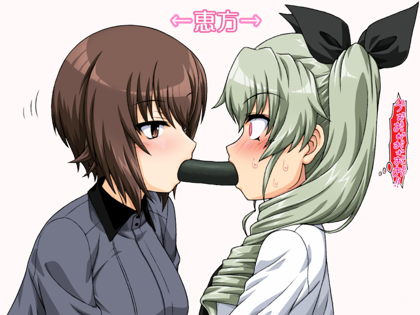 2girls anchovy_(girls_und_panzer) anzio_school_uniform black_ribbon blush brown_eyes brown_hair commentary constricted_pupils dress_shirt drill_hair eating ehoumaki food from_side girls_und_panzer green_hair grey_shirt hair_ribbon kuromorimine_school_uniform long_hair long_sleeves looking_at_another makizushi motion_lines multiple_girls nishizumi_maho oosaka_kanagawa ribbon school_uniform setsubun shirt short_hair simple_background sushi sweatdrop translated twin_drills twintails white_background white_shirt wing_collar