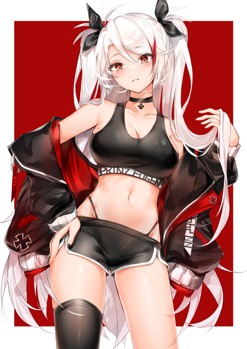 1girl azur_lane bare_shoulders black_bra black_legwear black_nails black_panties black_shorts bra breasts choker cleavage collar commentary_request dolphin_shorts eyebrows_visible_through_hair hair_ribbon hand_on_hip highres jacket jacket_partially_removed large_breasts looking_at_viewer mole mole_on_breast nail_polish navel panties panties_under_shorts playing_with_own_hair prinz_eugen_(azur_lane) red_eyes ribbon short_shorts shorts single_thighhigh smile solo sports_bra thighhighs thong twintails underwear white_hair yukineko1018