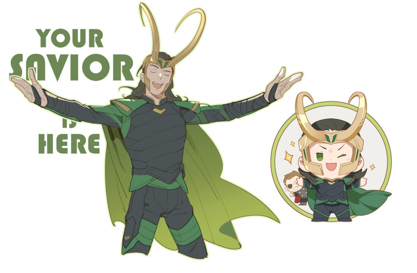 2boys ;d black_hair brown_hair cape chibi english_text eyepatch fake_horns green_cape green_eyes hair_pulled_back highres horned_headwear horns loki_(marvel) long_hair long_sleeves male_focus marvel marvel_cinematic_universe multiple_boys multiple_views one_eye_closed open_mouth outstretched_arms smile sparkle spread_arms teeth thor:_ragnarok thor_(marvel) thumbs_up tobu_0w0 upper_teeth_only white_background