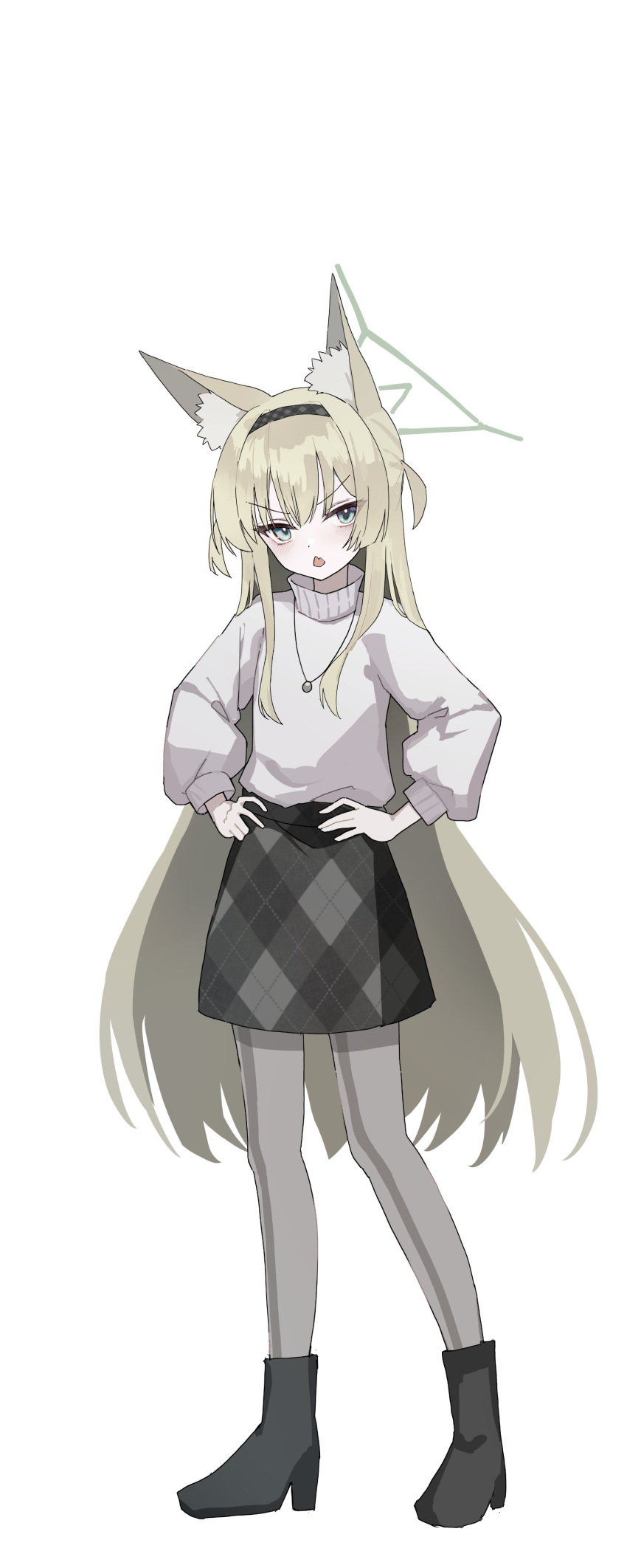 1girl absurdres alternate_costume animal_ear_fluff animal_ears black_skirt blonde_hair blue_archive degite fox_ears fox_girl full_body green_eyes grey_shirt halo hands_on_own_hips highres inaba_reito kurumi_(blue_archive) long_hair long_sleeves looking_at_viewer open_mouth puffy_long_sleeves puffy_sleeves shirt simple_background skirt solo standing turtleneck_shirt v-shaped_eyebrows very_long_hair white_background yellow_halo