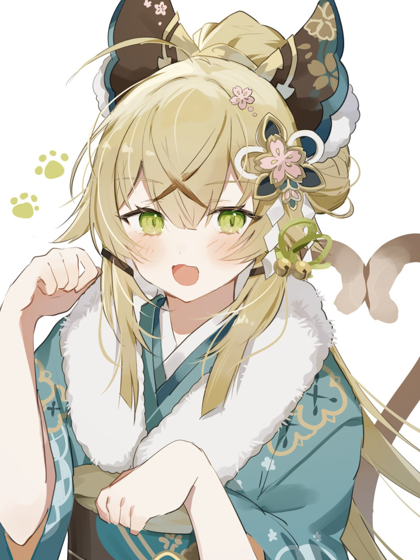 1girl ahoge animal_ears bell blush brown_hair cat_tail clenched_hands crossed_bangs double-parted_bangs fake_animal_ears fang flower fur-trimmed_kimono fur_trim genshin_impact green_eyes hair_bell hair_between_eyes hair_flower hair_ornament hands_up heart heart_tail highres japanese_clothes jingle_bell kimono kirara_(genshin_impact) kirara_(post_office)_(genshin_impact) long_hair messy_hair multiple_tails nekomata official_alternate_costume paw_pose paw_print slit_pupils solo sorani_(kaeru0768) tail two_tails upper_body white_background