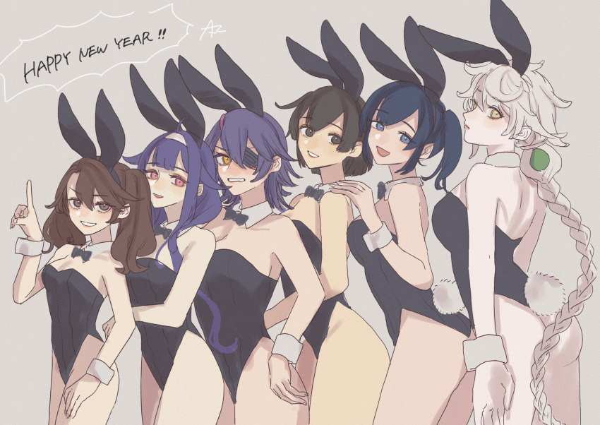 6+girls a-maru_(aaa_circle0110) alternate_costume animal_ears bare_legs black_bow black_bowtie black_eyes black_hair black_leotard blue_eyes bow bowtie braid breasts brown_eyes brown_hair commentary_request cowboy_shot detached_collar eyepatch grey_background grey_hair hair_flaps hair_over_shoulder happy_new_year highres hiryuu_(kancolle) kanji_connection kantai_collection large_breasts leotard long_hair multiple_girls one_side_up playboy_bunny purple_hair rabbit_ears rabbit_tail red_eyes ryuuhou_(kancolle) ryuujou_(kancolle) short_hair single_braid small_breasts souryuu_(kancolle) strapless strapless_leotard taigei_(kancolle) tail tenryuu_(kancolle) twintails unryuu_(kancolle) wrist_cuffs yellow_eyes