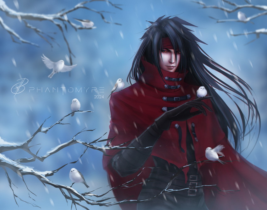 1boy absurdres artist_name belt belt_buckle bird black_gloves black_hair black_jacket black_pants blurry blurry_background branch buckle cape cloak closed_mouth commentary dated english_commentary final_fantasy final_fantasy_vii final_fantasy_vii_rebirth gloves headband highres jacket lips long_hair looking_at_viewer male_focus multiple_belts outdoors pants phantomyre red_cape red_cloak red_eyes red_headband snow snowing solo upper_body vincent_valentine watermark