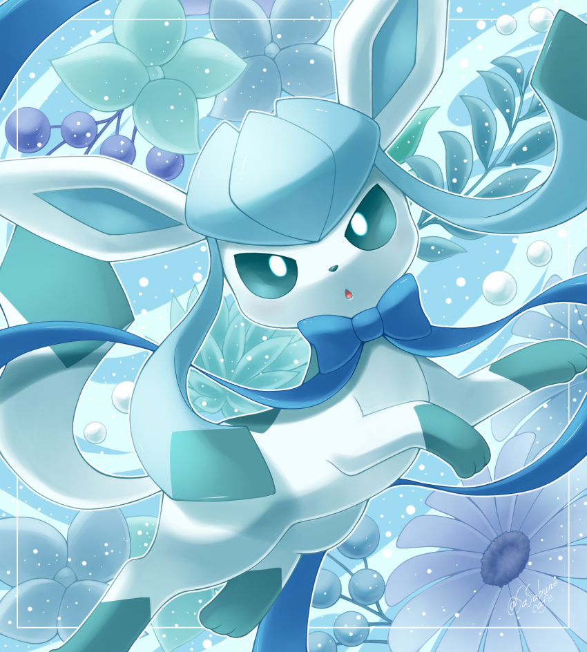 :o animal_focus berry blue_background blue_bow blue_eyes blue_fur blue_sclera bow colored_sclera flower full_body gem glaceon highres looking_at_viewer no_humans open_mouth pearl_(gemstone) pokemon pokemon_(creature) pokemon_dppt pokemon_platinum sasabunecafe snow tail