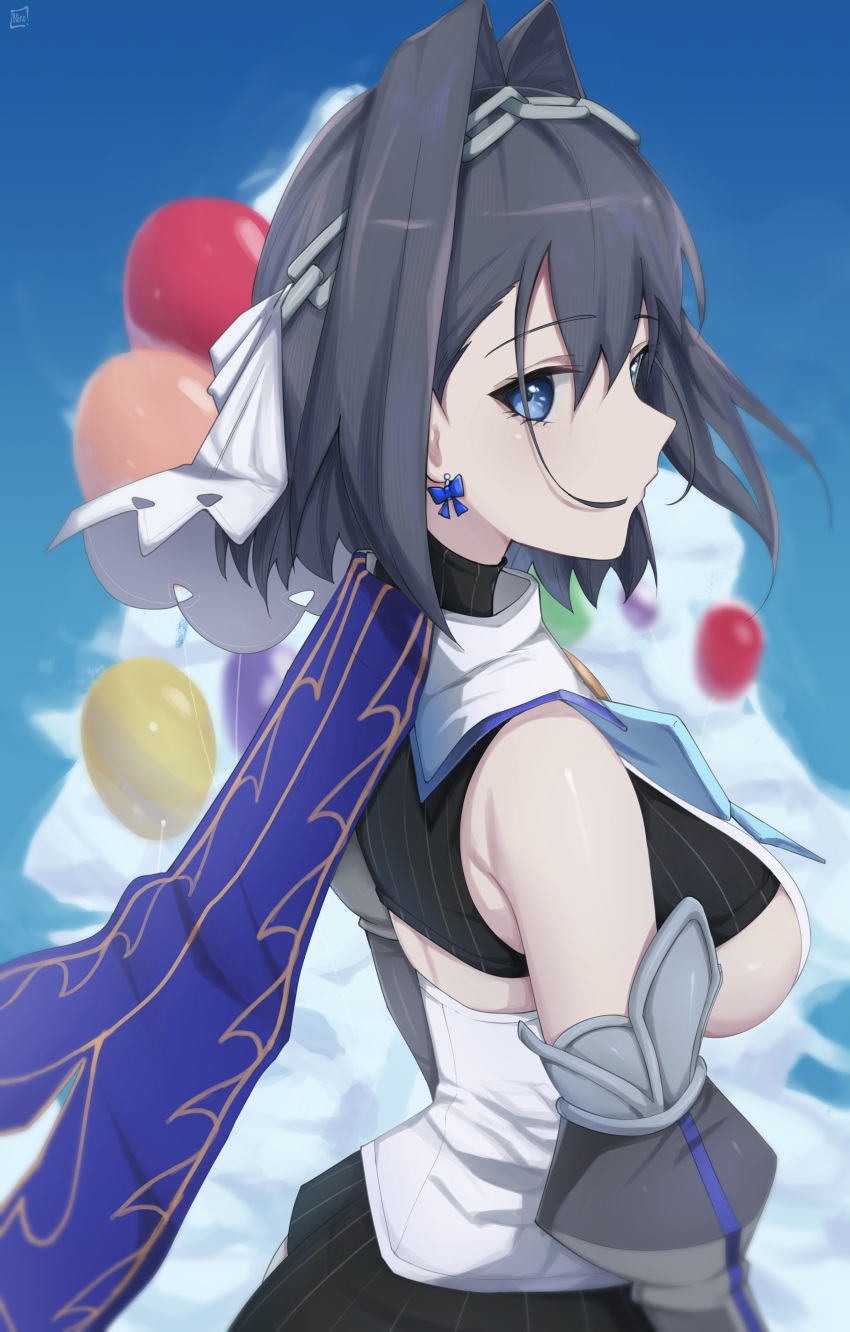 1girl absurdres balloon black_hair blue_eyes blue_sky breasts chain_hairband cloud day highres hololive hololive_english large_breasts o22no ouro_kronii outdoors ribbon_earrings short_hair sideboob sky solo virtual_youtuber