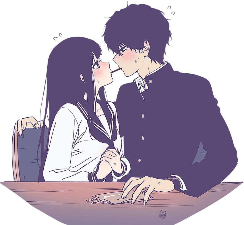 1boy 1girl black_hair black_jacket blush chitanda_eru collarbone embarrassed eye_contact facing_another flying_sweatdrops food food_in_mouth gakuran hetero hyouka jacket looking_at_another mery_(yangmalgage) oreki_houtarou own_hands_together pocky pocky_in_mouth pocky_kiss purple_eyes school_uniform serafuku shirt sitting sweatdrop white_shirt