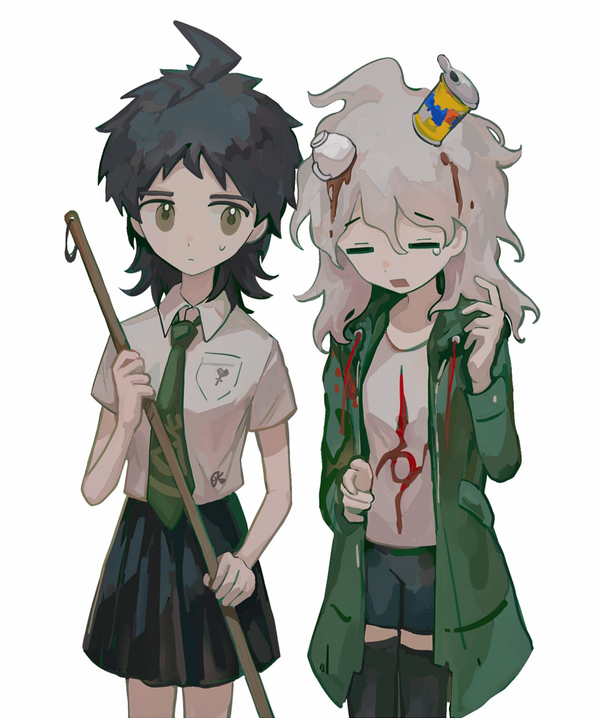 2girls ahoge black_shorts black_skirt black_thighhighs brown_eyes brown_hair cup_on_head d: danganronpa_(series) danganronpa_2:_goodbye_despair genderswap genderswap_(mtf) green_necktie grey_hair highres hinata_hajime holding kek11977291 komaeda_nagito long_hair medium_hair miniskirt multiple_girls necktie print_shirt shirt short_sleeves shorts simple_background skirt sweatdrop thighhighs white_background