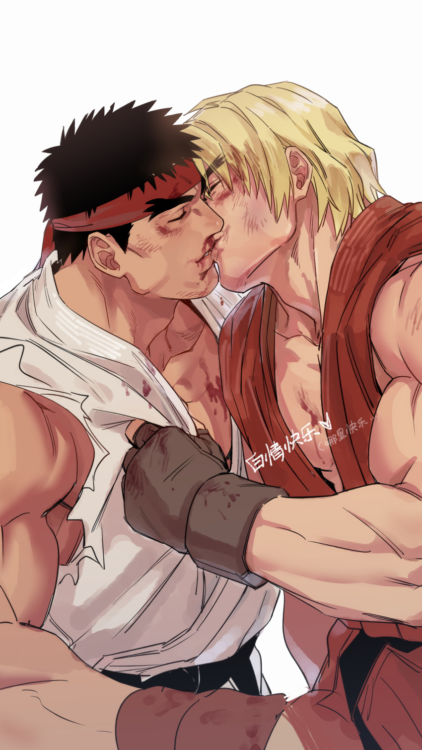 2boys absurdres bara black_hair blonde_hair blood blood_on_face blood_on_pectorals collarbone couple dougi feet_out_of_frame fingerless_gloves forked_eyebrows from_side gloves headband highres ken_masters kiss large_pectorals male_focus multiple_boys muscular muscular_male pectoral_cleavage pectorals red_shirt ryu_(street_fighter) shirt shirt_grab short_hair sideburns sleeveless street_fighter thick_eyebrows torn_clothes torn_sleeves unfinished white_shirt yaoi yuiofire