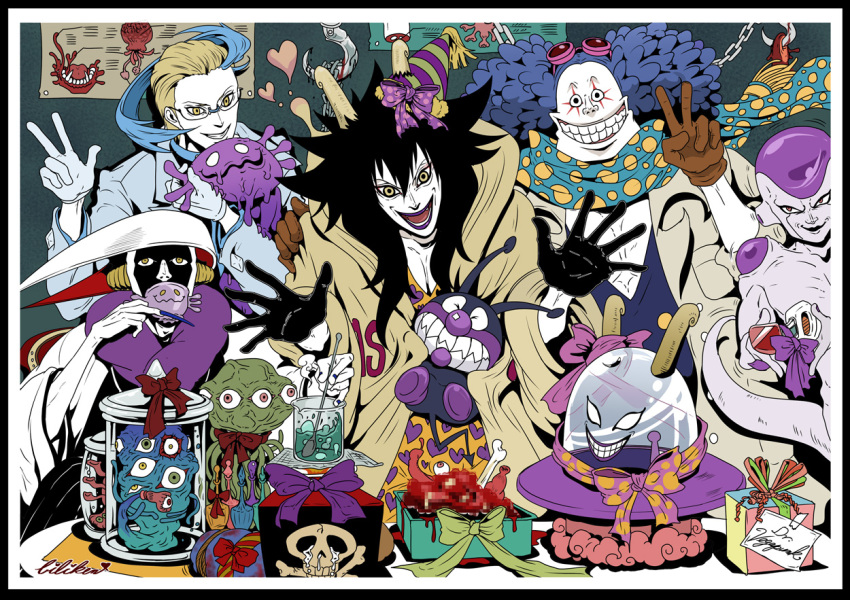 6+boys afro alien anpanman baikinman biliken black_gloves black_hair bleach blonde_hair blood blue_hair bone box brown_gloves caesar_clown censored chain colress_(pokemon) crossover cup curled_horns dragon_ball drinking frieza gift gift_box gloves goggles goggles_on_head heart holding holding_cup hook horns jar kurotsuchi_mayuri long_hair mad_scientist makeup mosaic_censoring multiple_boys nakao_ryuusei one_piece open_mouth pokemon purple_ribbon ribbon scarf short_hair skull_and_crossbones smile teacup teeth ufo v white_gloves yellow_eyes