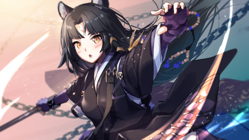 1girl :o animal_ears arknights black_hair blush commentary_request dog_ears fingerless_gloves gloves hellnyaa highres holding infection_monitor_(arknights) japanese_clothes kimono long_hair looking_at_viewer open_mouth outstretched_arms purple_gloves purple_shirt saga_(arknights) shirt solo upper_body wristband yellow_eyes