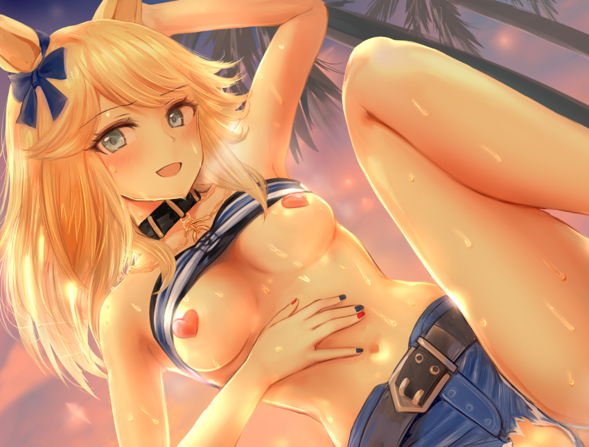 1girl :d animal_ears arm_behind_head arm_up armpits bandeau bandeau_lift bangs bare_shoulders belt black_belt black_choker blonde_hair blue_eyes blush bow breasts chain choker cloud cloudy_sky commentary cowboy_shot cutoffs denim denim_shorts dutch_angle ear_bow eyebrows_visible_through_hair gold_chain gold_city_(umamusume) heart_pasties highres horse_ears horse_girl kokoa_ninniku leg_up long_hair looking_at_viewer medium_breasts multicolored multicolored_nails navel no_gloves no_jacket open_mouth orange_sky outdoors palm_tree pasties short_shorts shorts sidelocks sky smile solo stomach striped_bandeau sunset sweat swept_bangs tree umamusume