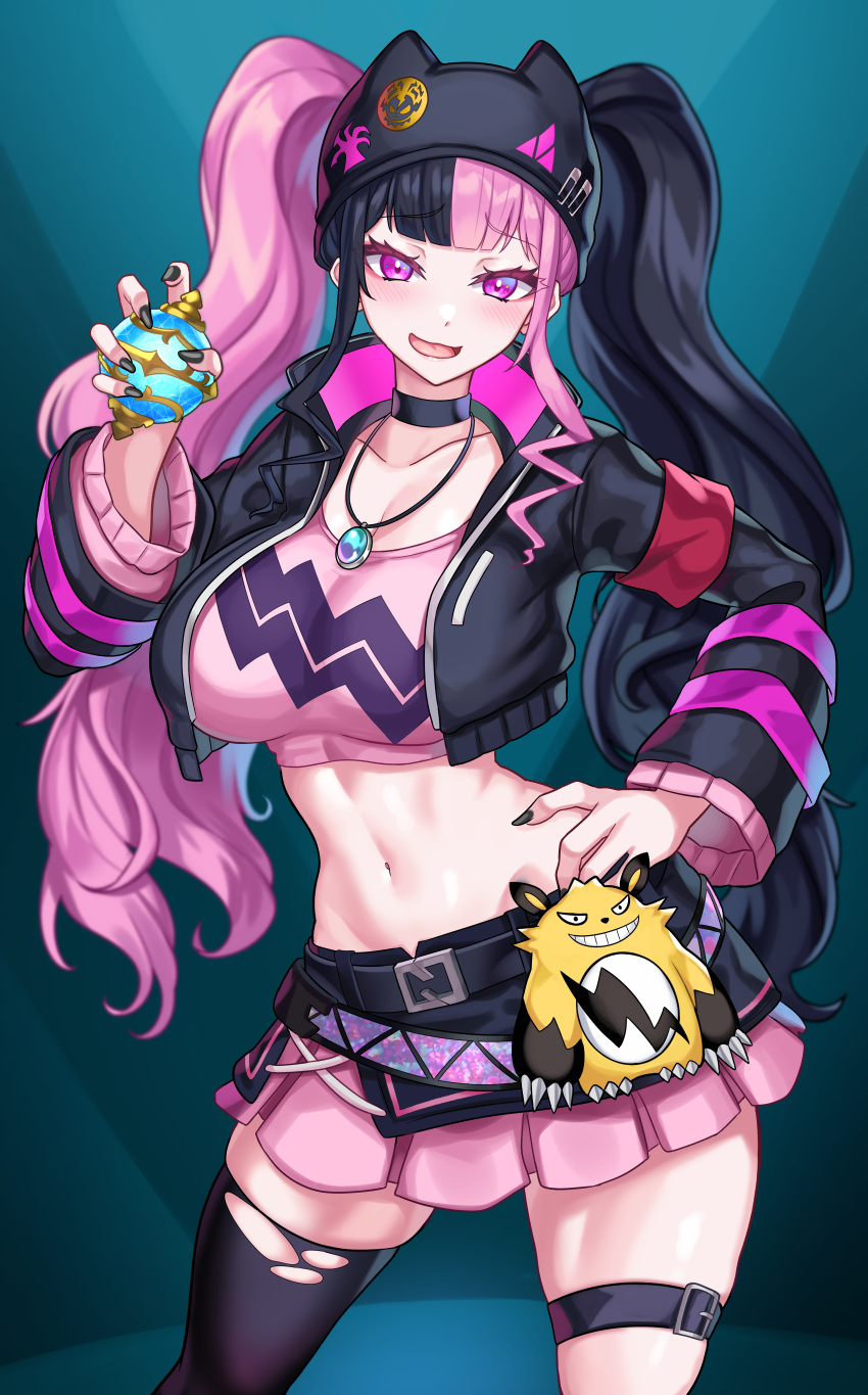 1girl absurdres beanie black_hair black_headwear black_jacket breasts choker commission hat highres jacket jewelry large_breasts long_hair multicolored_hair navel nez-box open_mouth pal_sphere palworld pink_eyes pink_hair shirt skirt solo stomach twintails two-tone_hair zoe_rayne