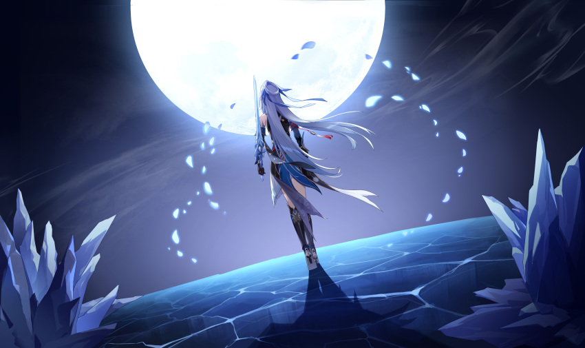 1girl absurdres back bare_shoulders black_footwear black_gloves blue_sleeves crystal_sword detached_sleeves full_body full_moon gloves high_ponytail highres holding holding_sword holding_weapon honkai:_star_rail honkai_(series) huge_moon ice icicle jingliu_(honkai:_star_rail) long_hair moon night night_sky petals red_tassel sky solo sword walking weapon white_hair yang_(user_ewrd7445)