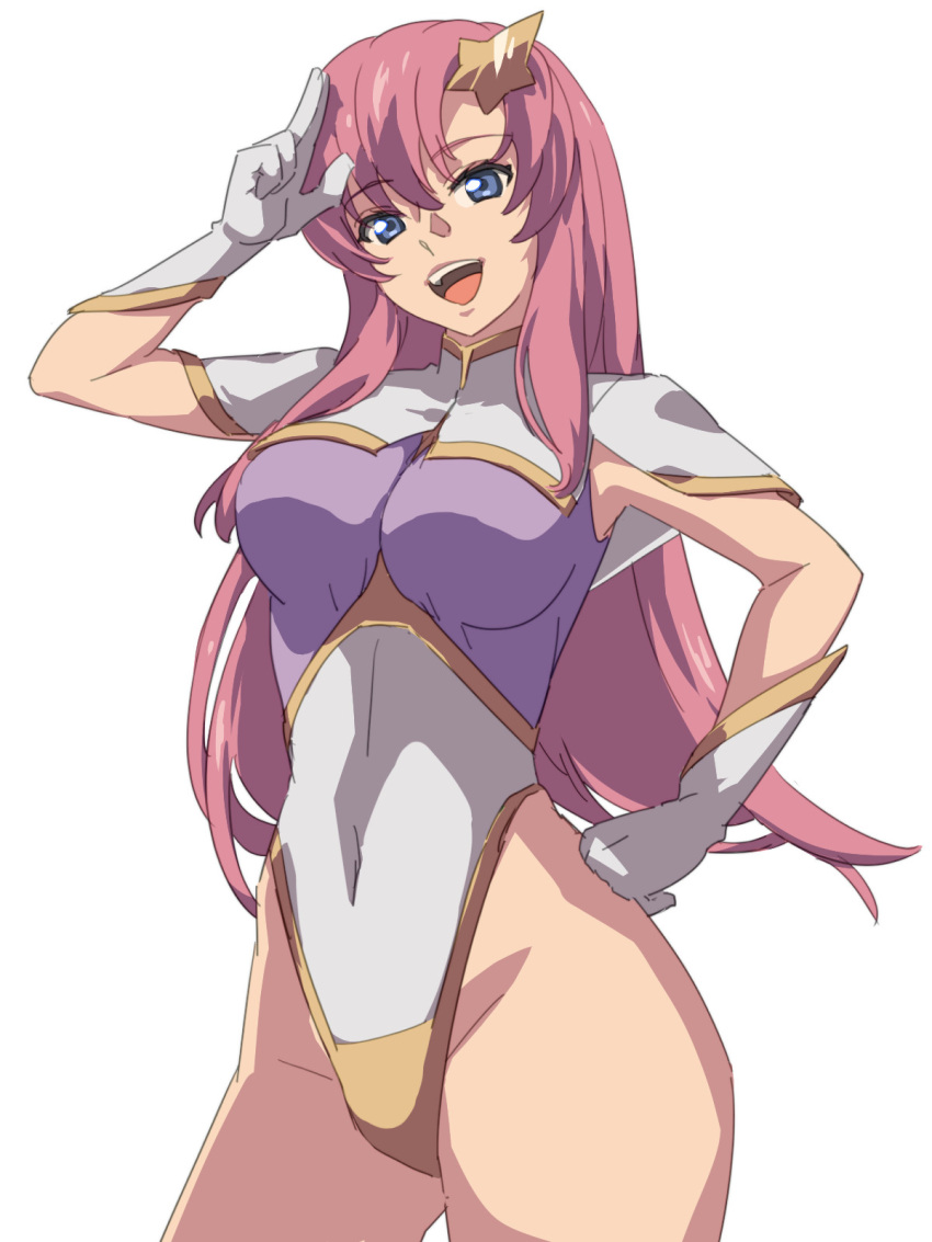 1girl armpits blue_eyes breasts chiharu_(9654784) covered_navel floating_hair gloves gundam gundam_seed gundam_seed_destiny hair_ornament highres large_breasts long_hair meer_campbell no_pants open_mouth parted_bangs pink_hair simple_background smile solo star_(symbol) upper_body white_background white_gloves