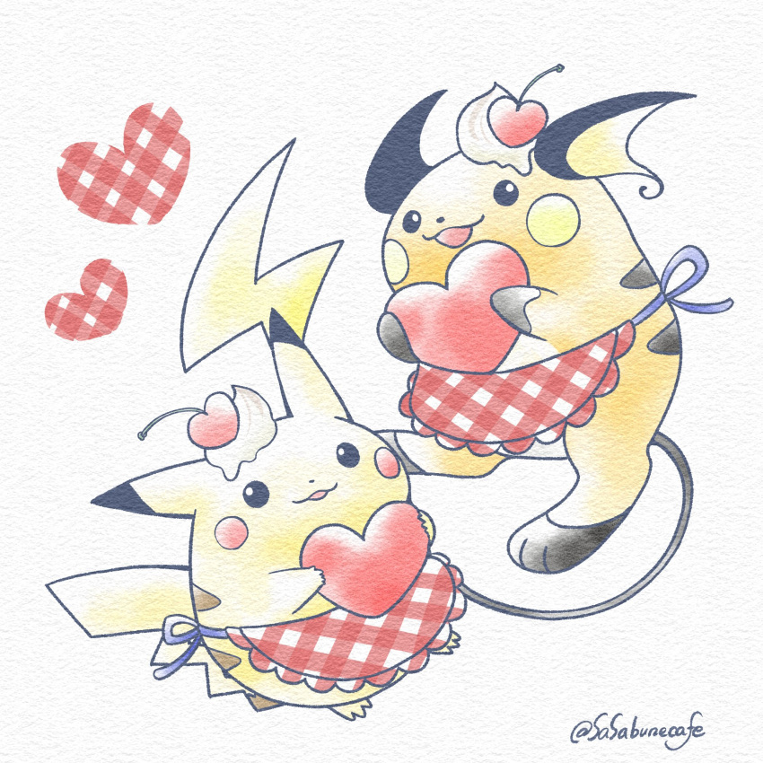 1990s_(style) apron checkered_apron checkered_clothes cherry clothed_pokemon food fruit heart highres holding holding_heart no_humans open_mouth painting_(medium) pikachu pokemon pokemon_(creature) raichu red_apron retro_artstyle sasabunecafe simple_background smile traditional_media twitter_username watercolor_(medium) whipped_cream