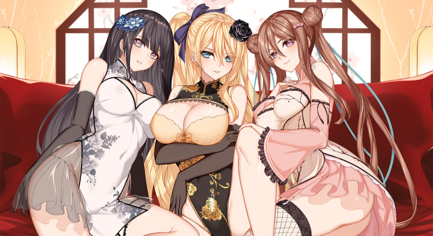 3girls aqua_eyes arm_under_breasts bangs bare_shoulders black_hair blonde_hair breasts brown_hair china_dress chinese_clothes chun-mei cleavage cleavage_cutout clothing_cutout commission couch double_bun dress earrings elbow_gloves esg_(essagna) fishnet_legwear fishnets flower garter_straps gloves grey_eyes hair_flower hair_ornament hairpin hand_on_another's_knee highres jewelry jin-lian knee_up large_breasts long_hair multiple_girls navel original pelvic_curtain ping-yi ponytail purple_eyes see-through see-through_skirt shiny shiny_skin sitting skindentation skirt smile thigh_strap thighhighs
