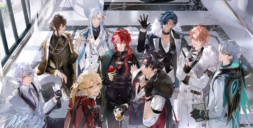 6+boys :d ;d ^_^ absurdres alhaitham_(genshin_impact) alternate_costume alternate_hairstyle aqua_cape aqua_coat aqua_hair asymmetrical_bangs belt_buckle black_cape black_choker black_coat black_gloves black_hair black_jacket black_pants black_robe black_shirt black_suit black_vest blonde_hair blue_eyes blue_hair blue_necktie book bow bowtie braid brooch brown_jacket buckle cape champagne_flute changpao chinese_clothes choker closed_eyes closed_mouth coat coat_on_shoulders collared_shirt commentary cowboy_shot cowlick cuff_links cup curtains dangle_earrings dark-skinned_male dark_skin day diluc_(genshin_impact) dress_shirt drinking_glass ear_piercing earrings english_commentary expressionless eyepatch facing_viewer feather_hair_ornament feathers floral_print flower formal frilled_shirt_collar frills fur-trimmed_cape fur-trimmed_coat fur_trim genshin_impact gloves gradient_clothes green_eyes grey_bow grey_bowtie grey_cape grey_hair grey_pants grin hair_between_eyes hair_flaps hair_ornament hair_over_shoulder hand_on_another's_shoulder highres holding holding_book holding_cup holding_flower holding_smoking_pipe indoors jacket jacket_on_shoulders jacket_over_shoulder jewelry kaeya_(genshin_impact) kamisato_ayato kaveh_(genshin_impact) lapel_pin lapels light_blue_hair light_smile long_hair long_sleeves looking_at_viewer looking_to_the_side low_ponytail male_focus marble_floor medium_hair mole mole_under_mouth monocle mors_gn multicolored_hair multiple_boys neck_ribbon necklace necktie neuvillette_(genshin_impact) notched_lapels one_eye_closed open_collar orange_hair pants parted_lips partially_unbuttoned piercing pocket_square pointy_ears purple_eyes purple_ribbon red_eyes red_flower red_hair red_rose red_shirt ribbon robe rose scar scar_on_arm scar_on_neck shawl_lapels shirt short_hair short_ponytail side_cape sidelocks sideways_glance single_braid sitting sleeve_cuffs sleeve_garter smile smoking_pipe standing stole streaked_hair stud_earrings suit suit_jacket suspenders tartaglia_(genshin_impact) thumb_ring traditional_bowtie transparent_curtains unworn_jacket upper_body vest w water waving white_coat white_hair white_jacket white_pants white_shirt white_suit window wriothesley_(genshin_impact) zhongli_(genshin_impact)