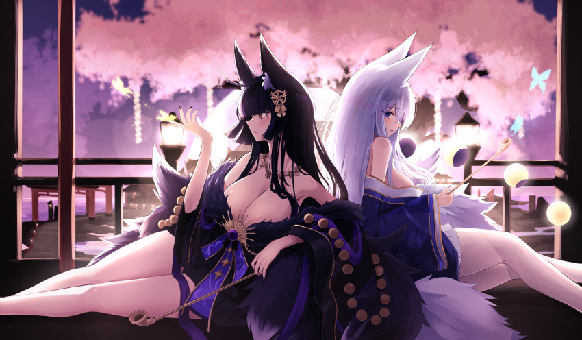 2girls absurdres animal_ear_fluff animal_ears architecture azur_lane back-to-back bare_shoulders beads blue_butterfly blue_eyes breasts bug butterfly cherry_blossoms cleavage daran9 east_asian_architecture fox_ears fox_girl fox_tail fur-trimmed_kimono fur_trim gem gold_trim hair_ornament highres holding holding_smoking_pipe huge_breasts japanese_clothes jewelry kimono kitsune kyuubi large_tail long_hair long_sleeves looking_at_viewer low_neckline magatama magatama_necklace moon_phases multiple_girls multiple_tails musashi_(azur_lane) necklace prayer_beads purple_gemstone shinano_(azur_lane) siblings sisters sitting smoking_pipe tail very_long_hair white_hair white_tail wide_sleeves yellow_butterfly