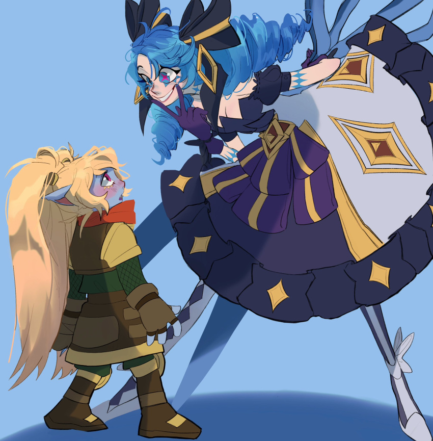2girls armor black_bow black_dress blonde_hair blush bow breasts cleavage crazy_grin dress drill_hair eye_contact green_eyes green_hair grey_dress grin gwen_(league_of_legends) hair_bow hand_to_own_mouth hand_up height_difference highres holding holding_scissors jiha_(ssa2026b) large_breasts league_of_legends leaning_forward legs_apart looking_at_another multiple_girls oversized_object pantyhose pointy_ears poppy_(league_of_legends) scissors smile standing teeth twin_drills twintails v yordle